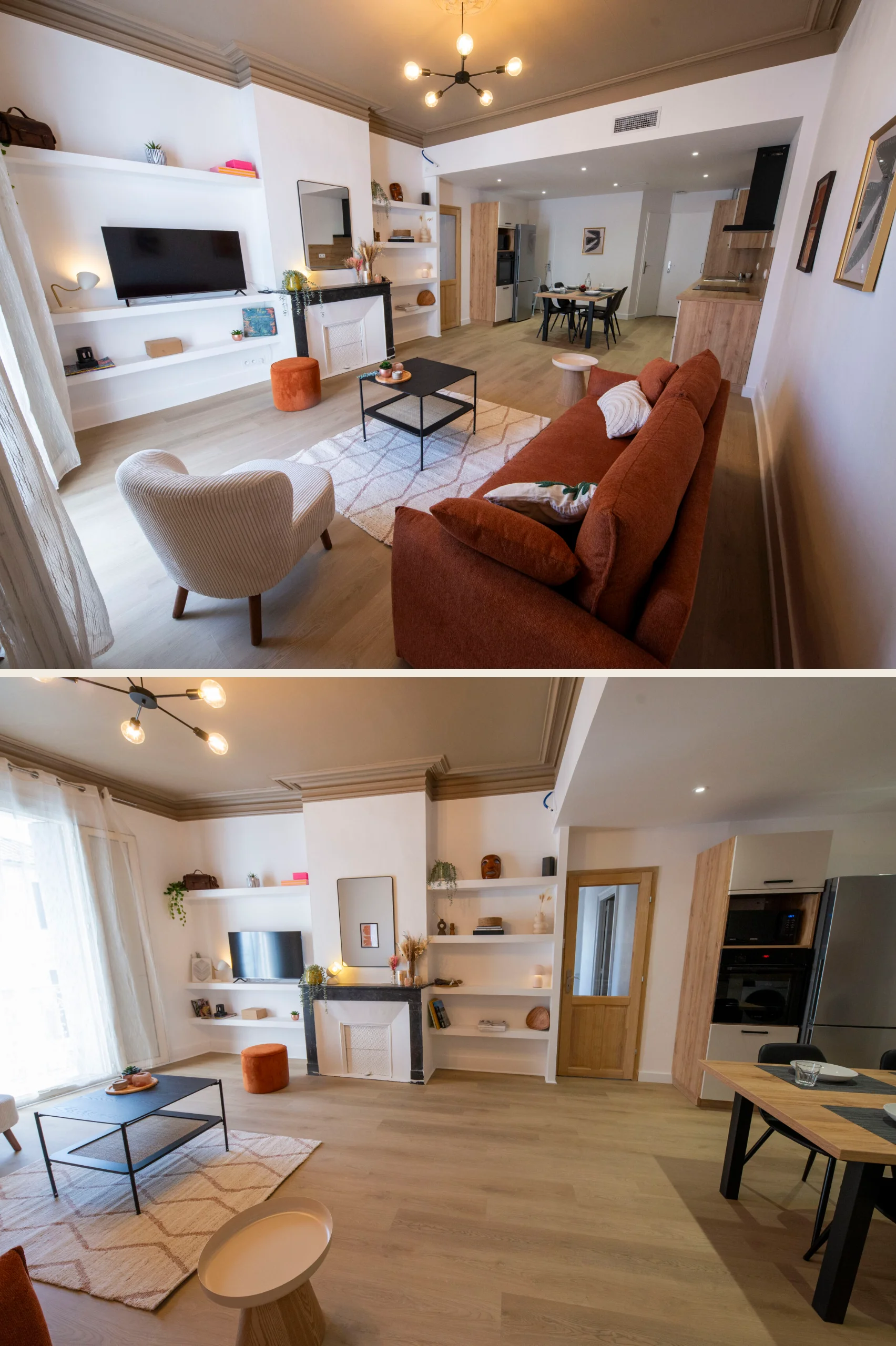 Pièce de vie rénovée avec canapé terracotta et bibliothèque sur mesure, vue d'ensemble du salon, de la cuisine et du coin repas, appartement haussmannien à Montpellier