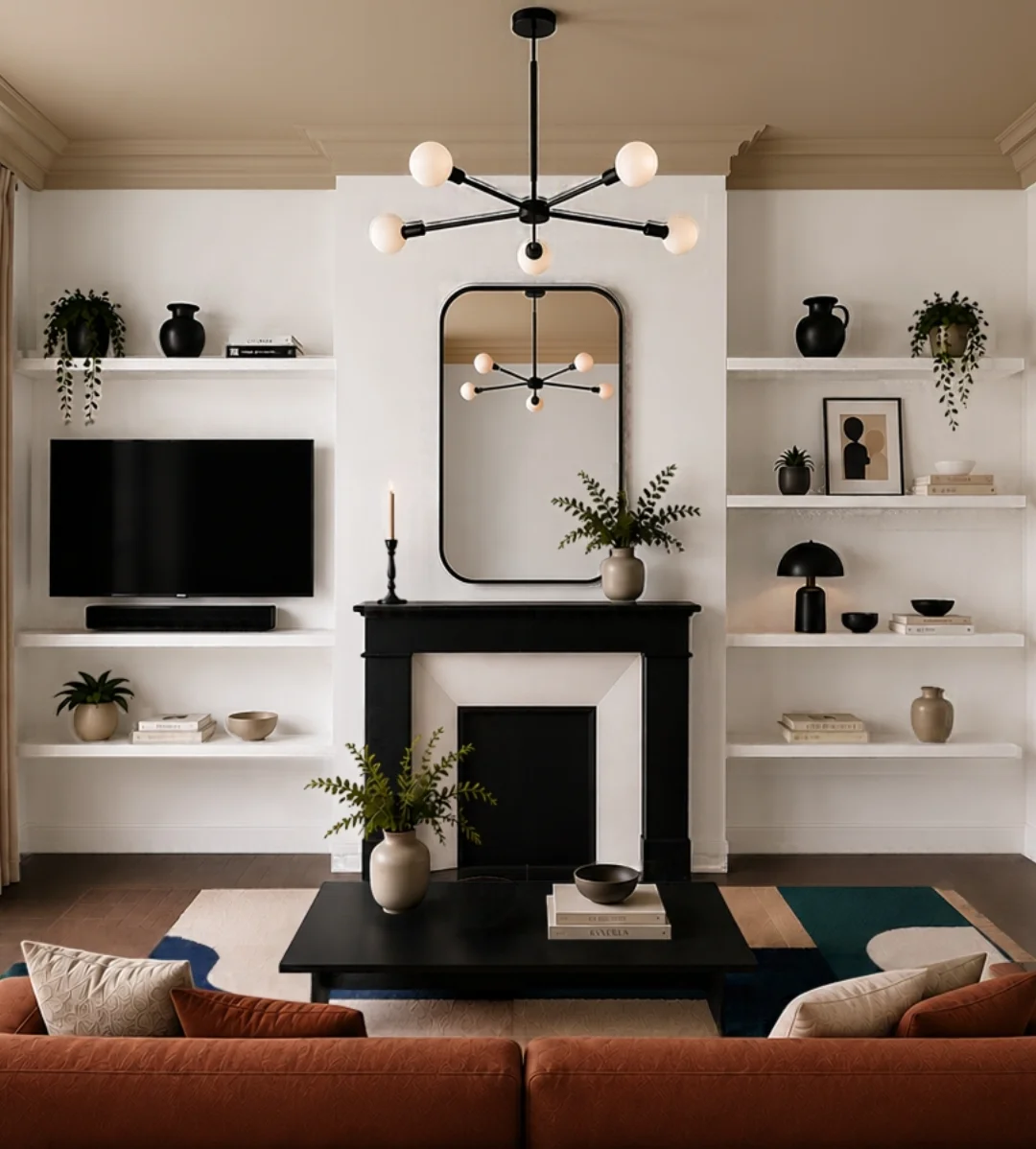 Rendu 3D du salon : cheminée en marbre noir, bibliothèque sur mesure et luminaire, avant travaux de rénovation à Montpellier